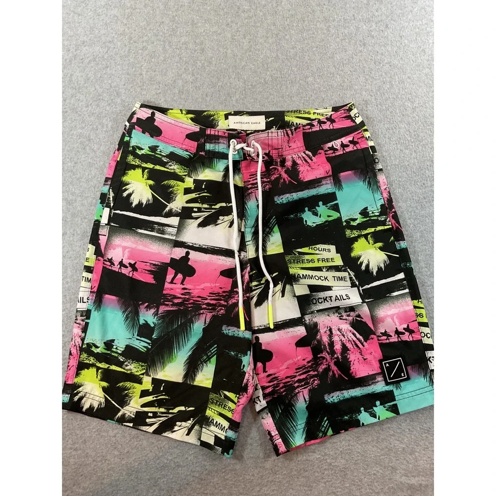American Eagle Mens Tropical Photo Print Board Shorts Neon Pink Green Small 1385